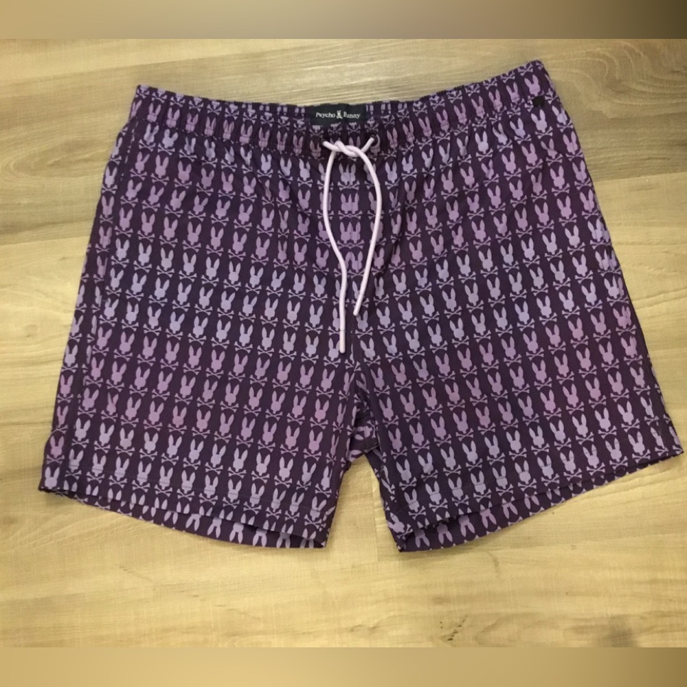New PSYCHO BUNNY BARKER Purple All Over Print Swim Trunks - SZ L